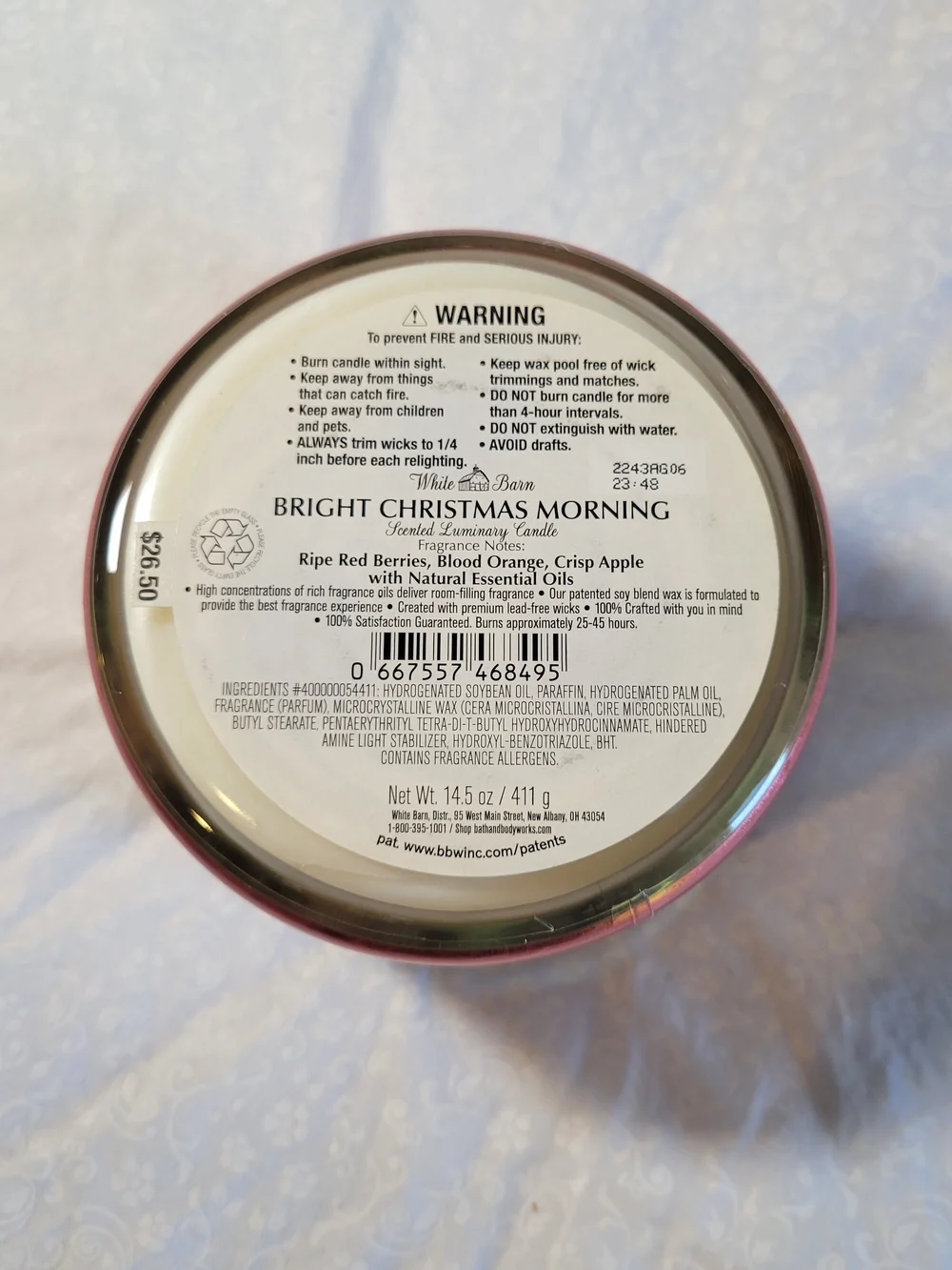 White Barn Bright Christmas Morning Candle Tin - Pink, Red, Green, Gold, Brown - Picture 2 of 4